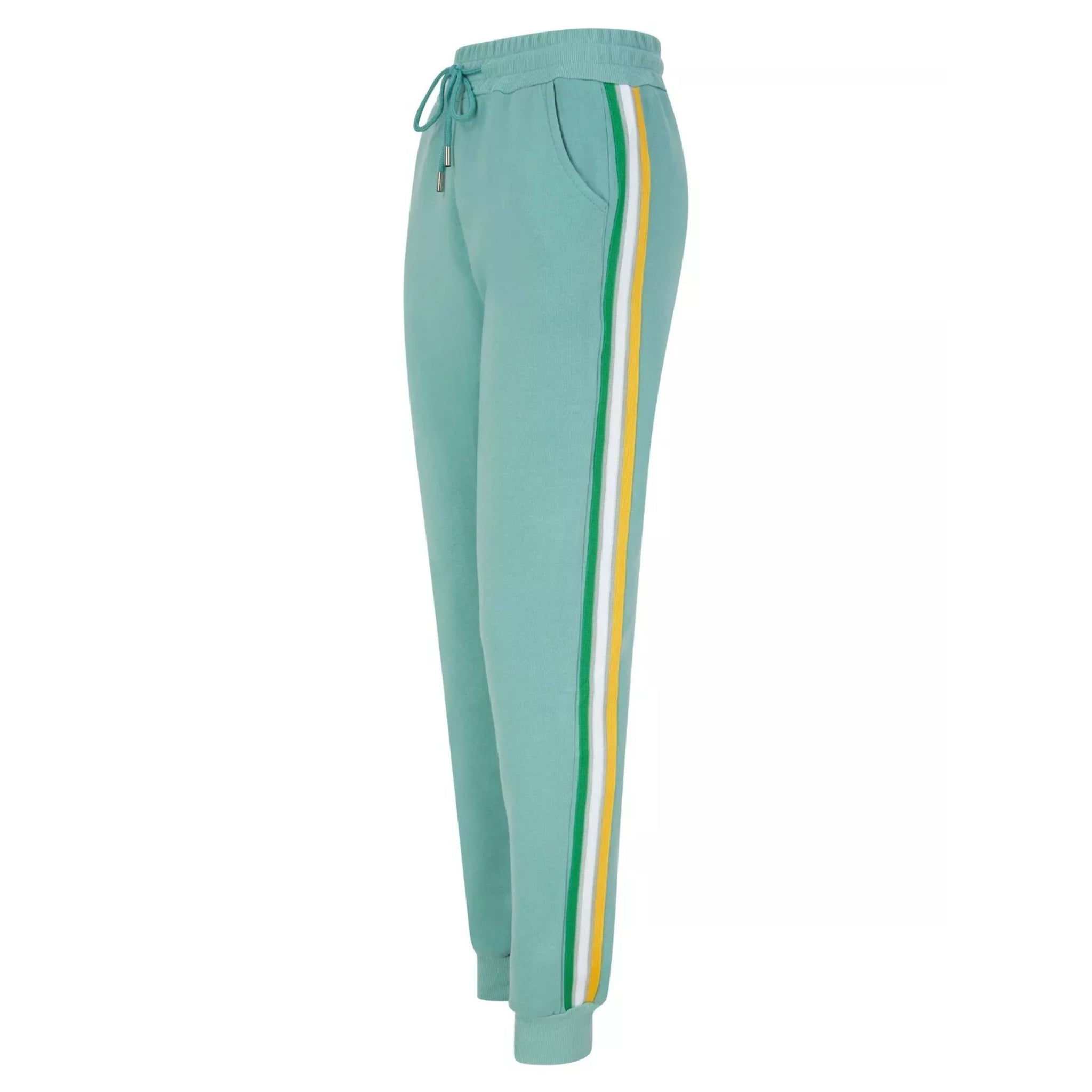 Women's mint green jogger trousers with green, yellow, and white striped side detail, elasticated waist, drawstring tie, and cuffed ankles.